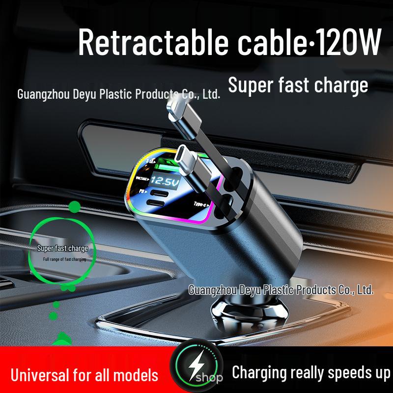 Hvězdná obloha Projektorové světlo 4 v 1 120W Nabíječka do auta s vysouvacím kabelem a rychlým nabíjením Digitální displej