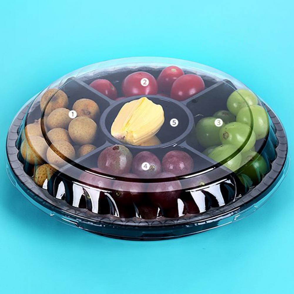 Versatile Snack Fruit Tray Plastic Tray with Compartments Plastic Round Snacks Fruit Storage Box with Lid 6 for Party