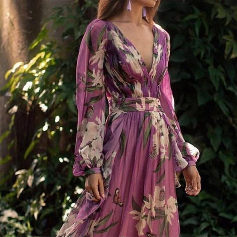 European And American Summer Printed Women's Dress V-neck Long-sleeved Retro Style Fairy Long Skirt