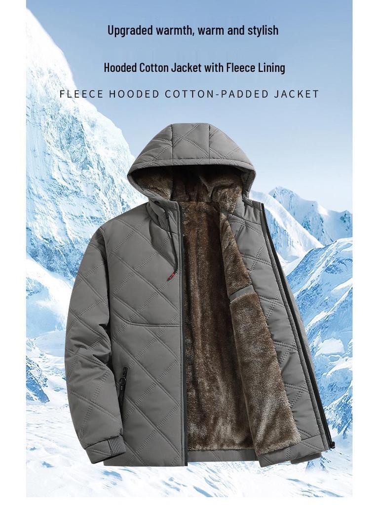 Men's Mid-Length Hooded Winter Coat with Velvet Lining for Middle-Aged and Elderly