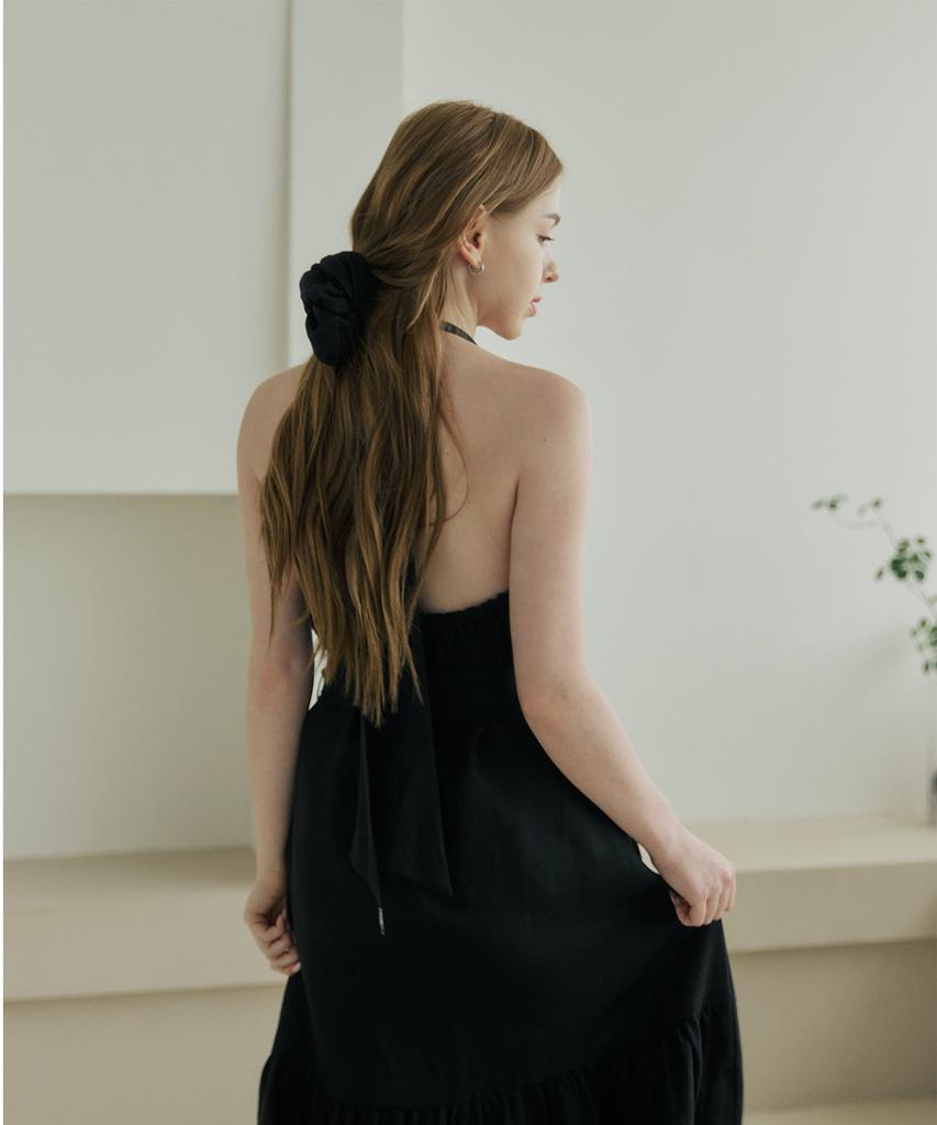 Belrma Black Linen Back-Open Ribbon Halterneck Dress