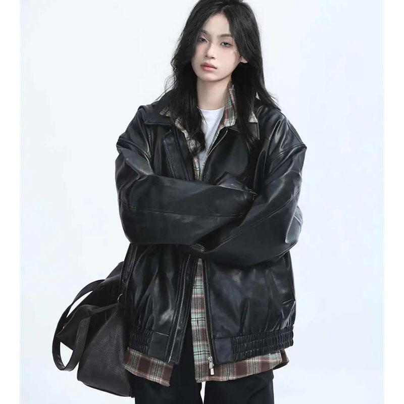 Retro Ladies Fashion Zipper Faux Leather Jacket Spring Autumn Women Long Sleeves Leather Coat 2025 Female PU Leather Outwear