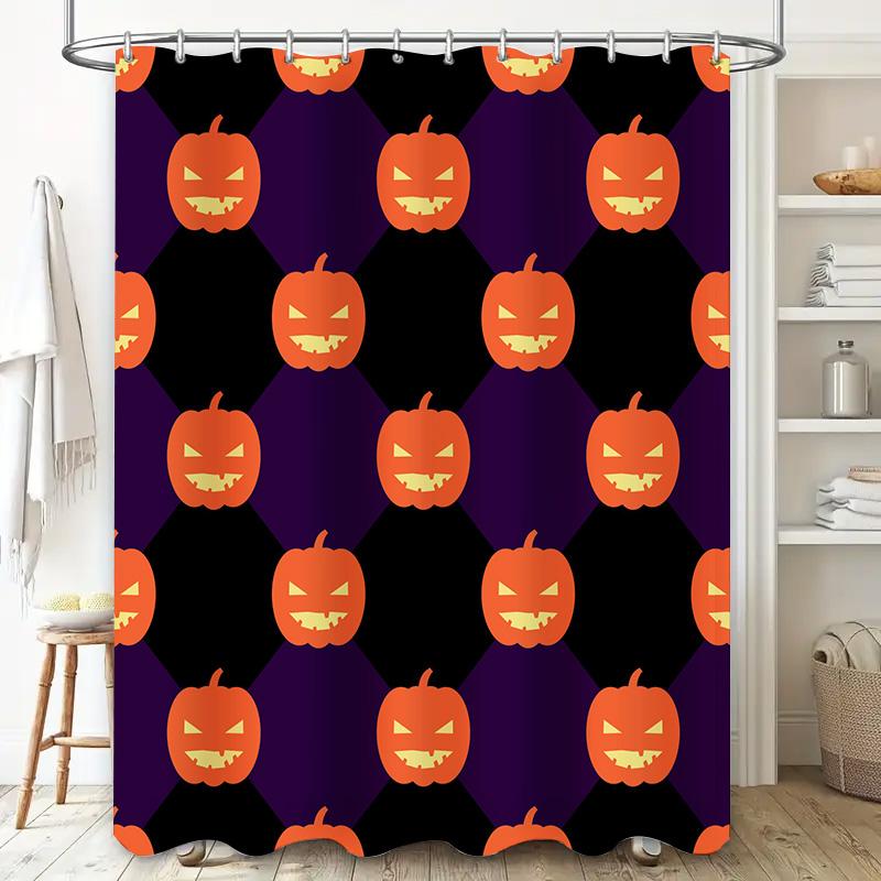 Purple Halloween Shower Curtain with Pumpkin Pattern Black Background Fabric Waterproof Washable Bathroom Decor (Set)
