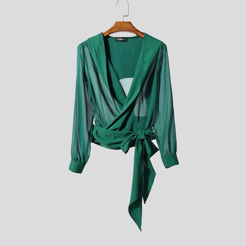 

INCERUN Oversized Men V Neck Long Sleeve Bandage Transparent Loose Hooded Tops T-shirts 5XL зелёный