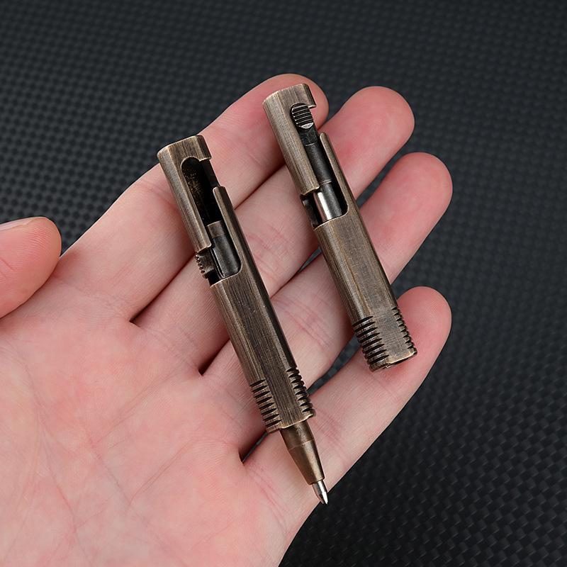 Vintage Mini Brass Press Pen Portable Keychain Pocket Pen Portable Travel Business Signature Pen Decompression Ballpoint Pen
