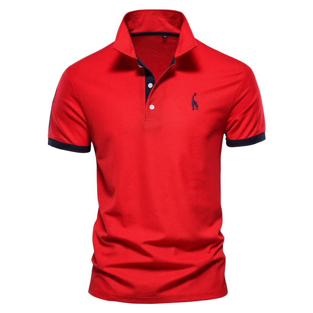 Herren Mesh-Poloshirt mit Umlegekragen und zinnoberfarben gesticktem Reh, Kurzarm, Weiß