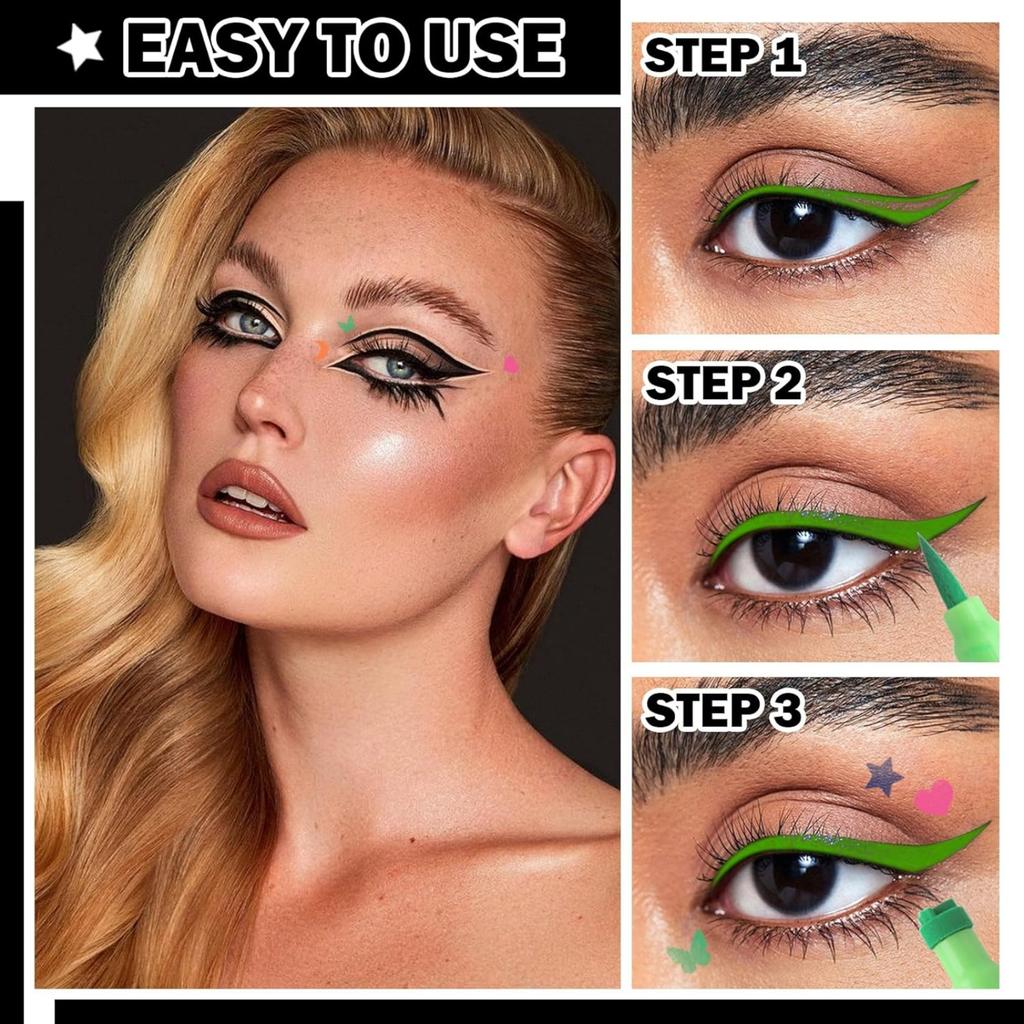 4 Farben Eyeliner Stempelstift Set - Wasserfest, mattes Finish. Doppelseitige Schablonen mit Flügeln für einfaches Augenlid-Make-up. Langanhaltender Tragekomfort.