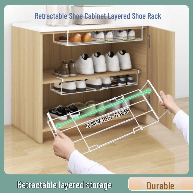 Retractable Shoe Cabinet with Dividers and Foldable Bracket - Space-Saving Storage Rack with Under-Hanging Baskets.