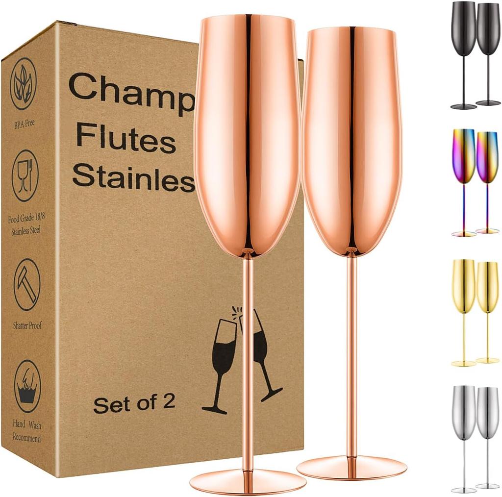 Stainless Steel Champagne Flutes Set of 2, Gold Unbreakable 8.5 oz for Wedding, Party, Christmas, Anniversary, Birthday Gifts