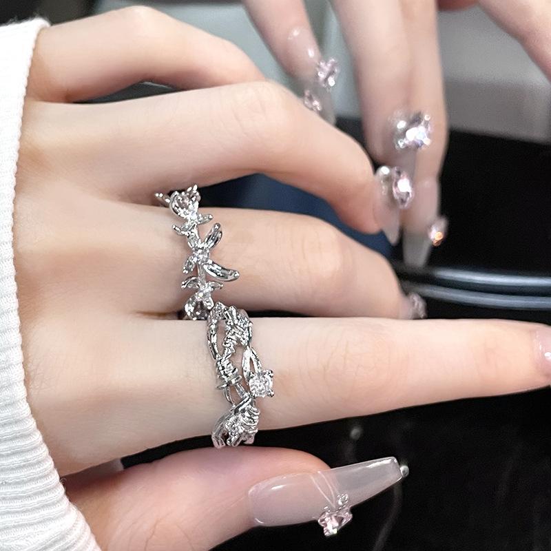 Irregular Diamond-Set Thorn Open Ring, Niche Design, Light Luxury, High-End Personality, Sweet And Cool Zircon Index Finger Ring, Female