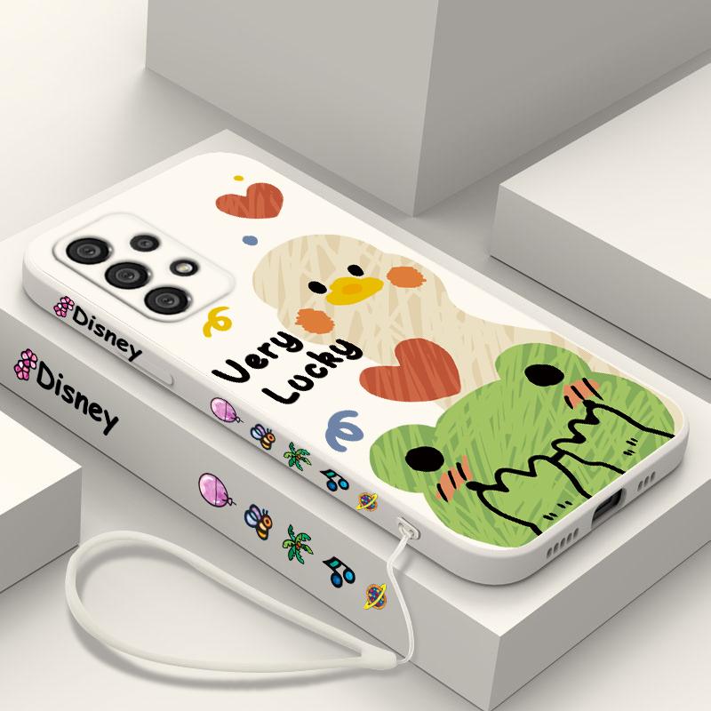 Duck With Sunglasses Cute Cartoon Phone Case For Samsung A73 A53 A33 A52 A32 A71 A51 A21S A50 A30 5G Liquid Left Rope Soft Cover