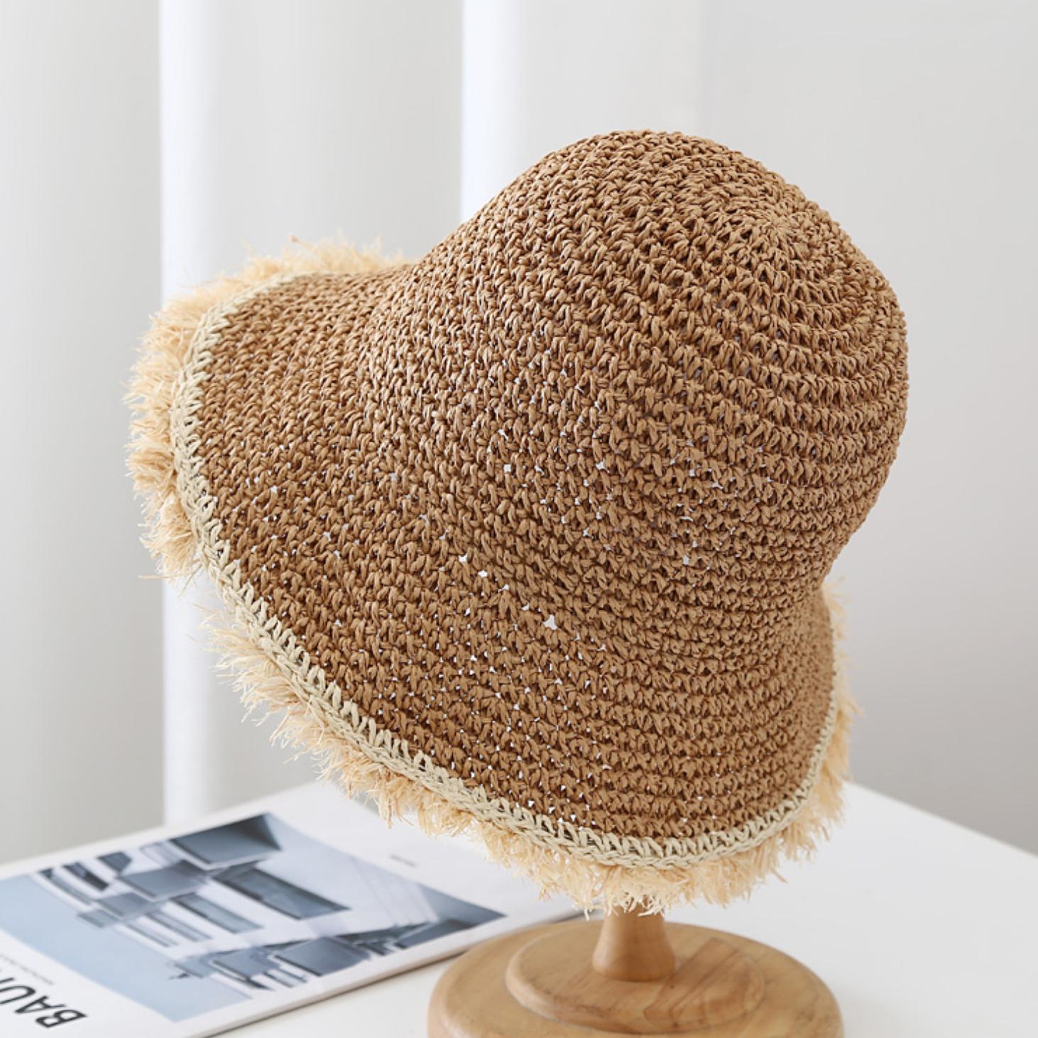 

Korean Style Wide Brim Knitted Straw Hat, Sun Protection Fisherman Cap, Round Top Beach Vacation Hat, Perfect for Holiday One Size