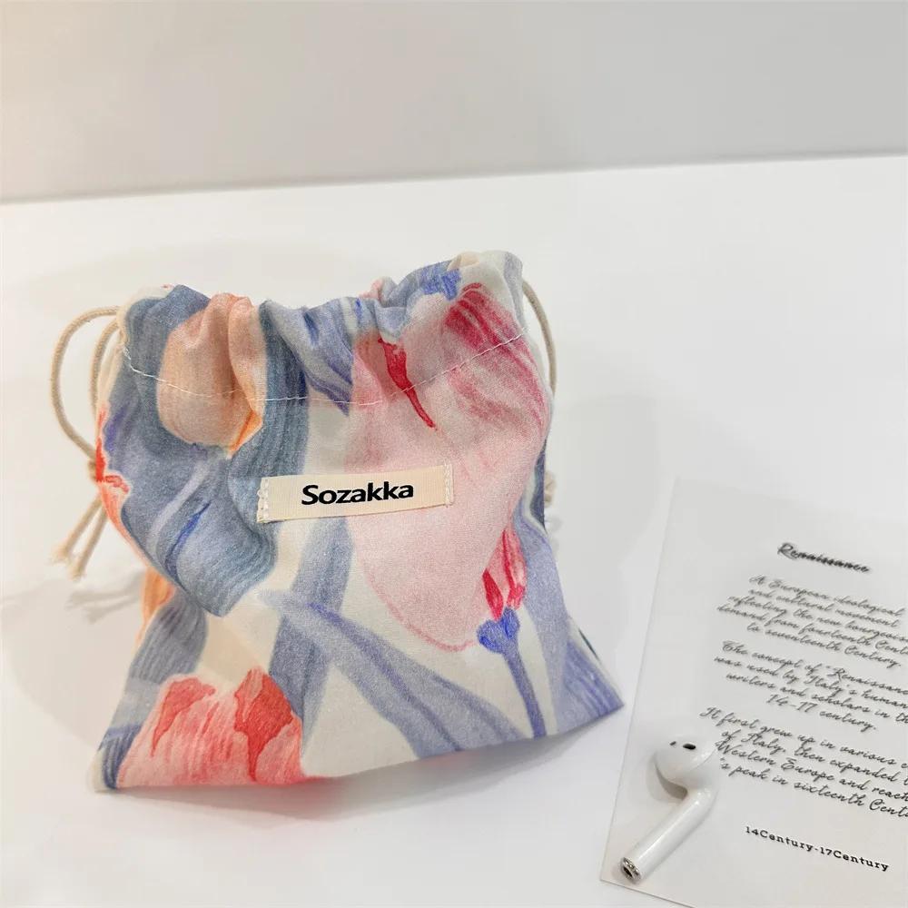 Small Cotton Fabric Floral Drawstring Bags Coin Pocket Bags Purse Keys Earphone Storage Bag Lipstick Toiletry Makeup Organizer