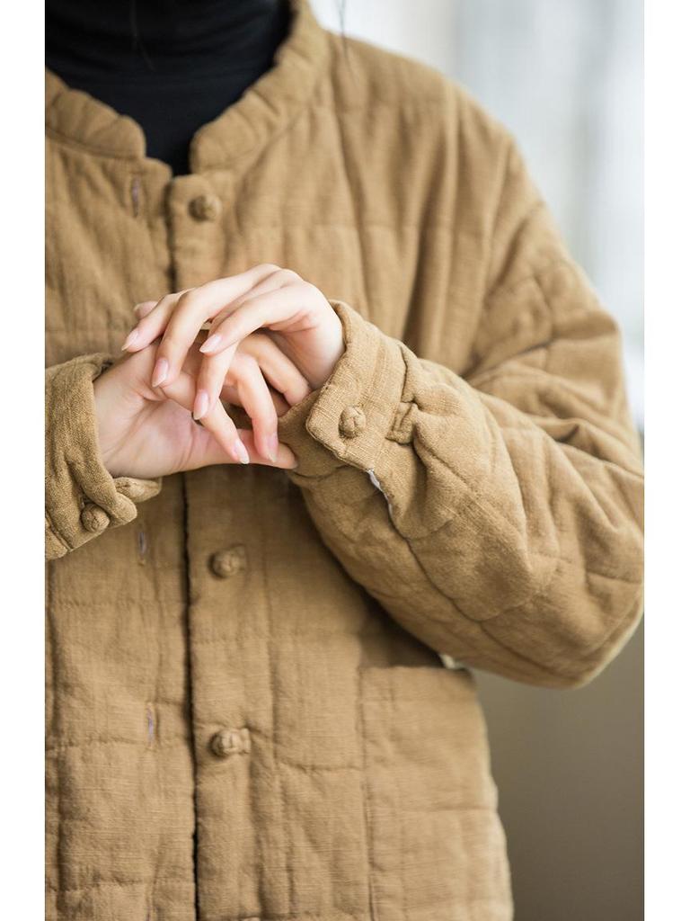Women's New Style Winter Quilted Plaid Cotton Jacket: Fashionable Literary Short Ramie Coat