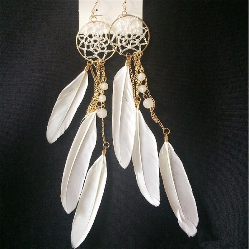 New Bohemia Ethnic Feather Beads Long Design Dream Catcher Earrings For Women