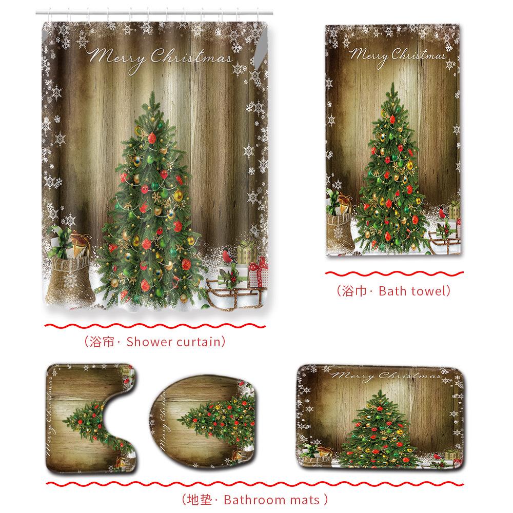 Christmas Bathroom Shower Curtain Bath Towel Floor Mat Five-Piece Set Bathroom Toilet Carpet Shower Foot Mat