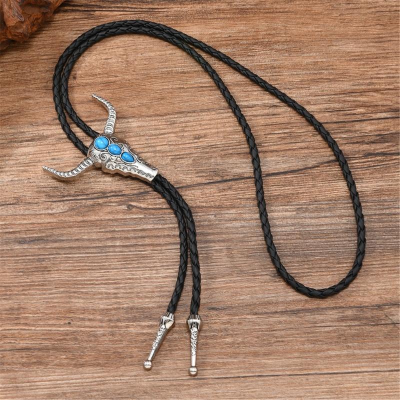 Bullhead Pendant Bolotie Antique Charm Necktie PU Cord Necklace For Men Casual Outfit And Western Styling Neckpiece
