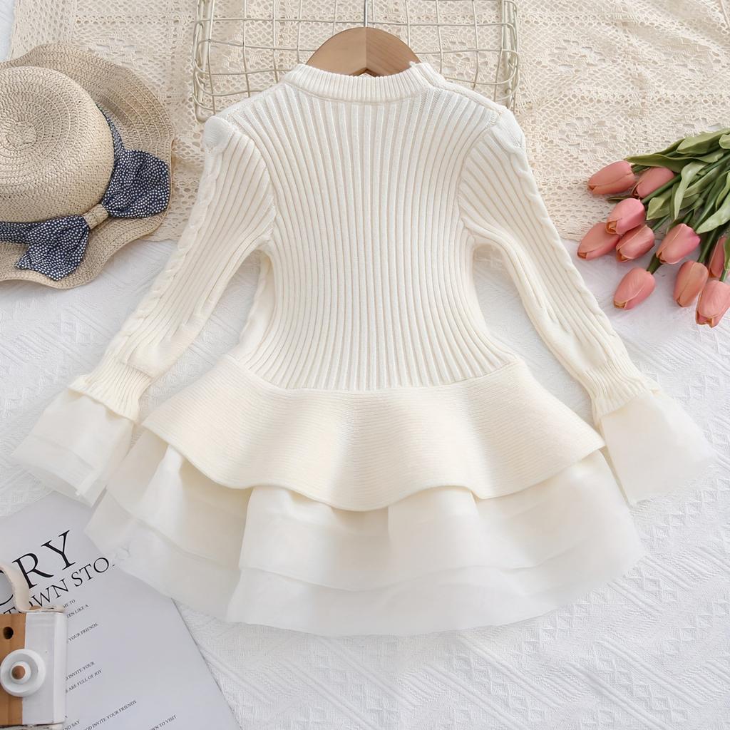 Girls' Fashion Long-Sleeved Shirt Collar Patchwork Tiered Skirt Colour Dress