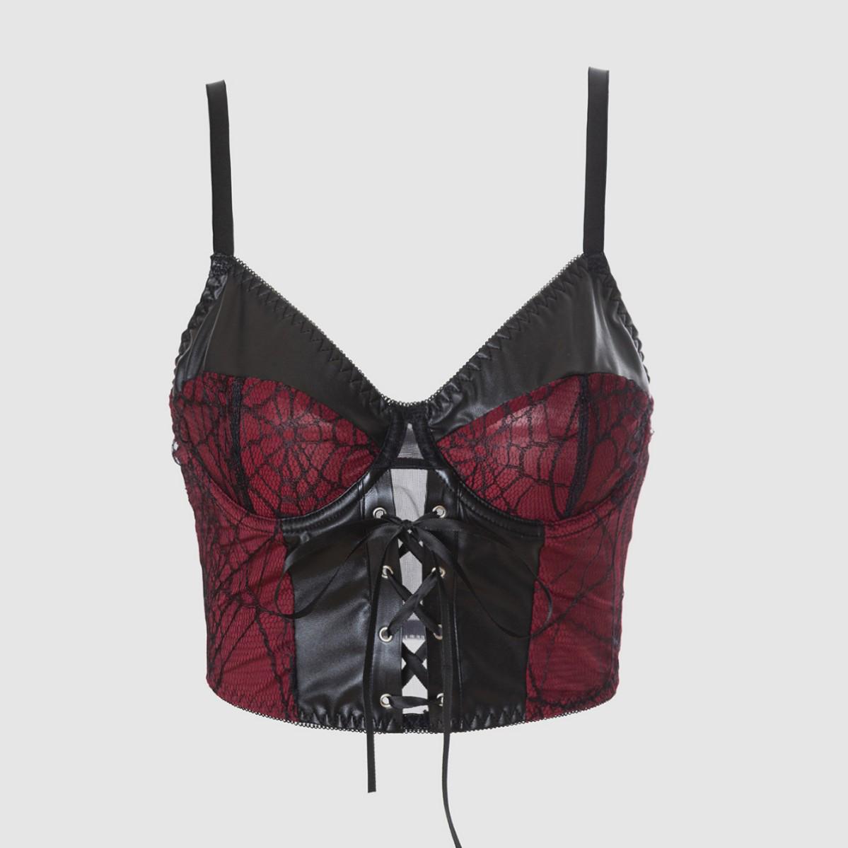 Готический топ-камисоль на бретельках с паутиной - Темный ретро-стиль Large вино красного