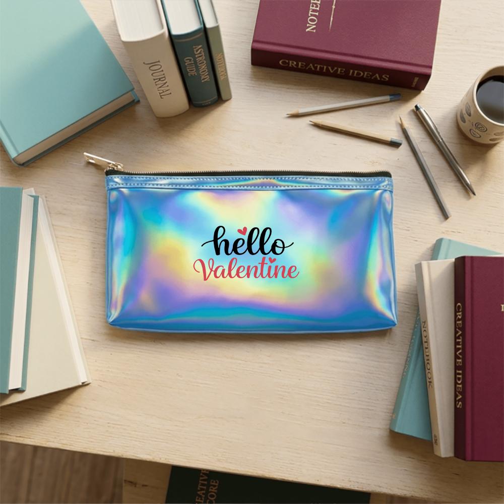 Romantic Letter Print Holographic Pouch, Laser Cosmetic Makeup Bag, Shiny Mirror Travel Toiletry Organizer for Valentines Day Gift Party Accessory