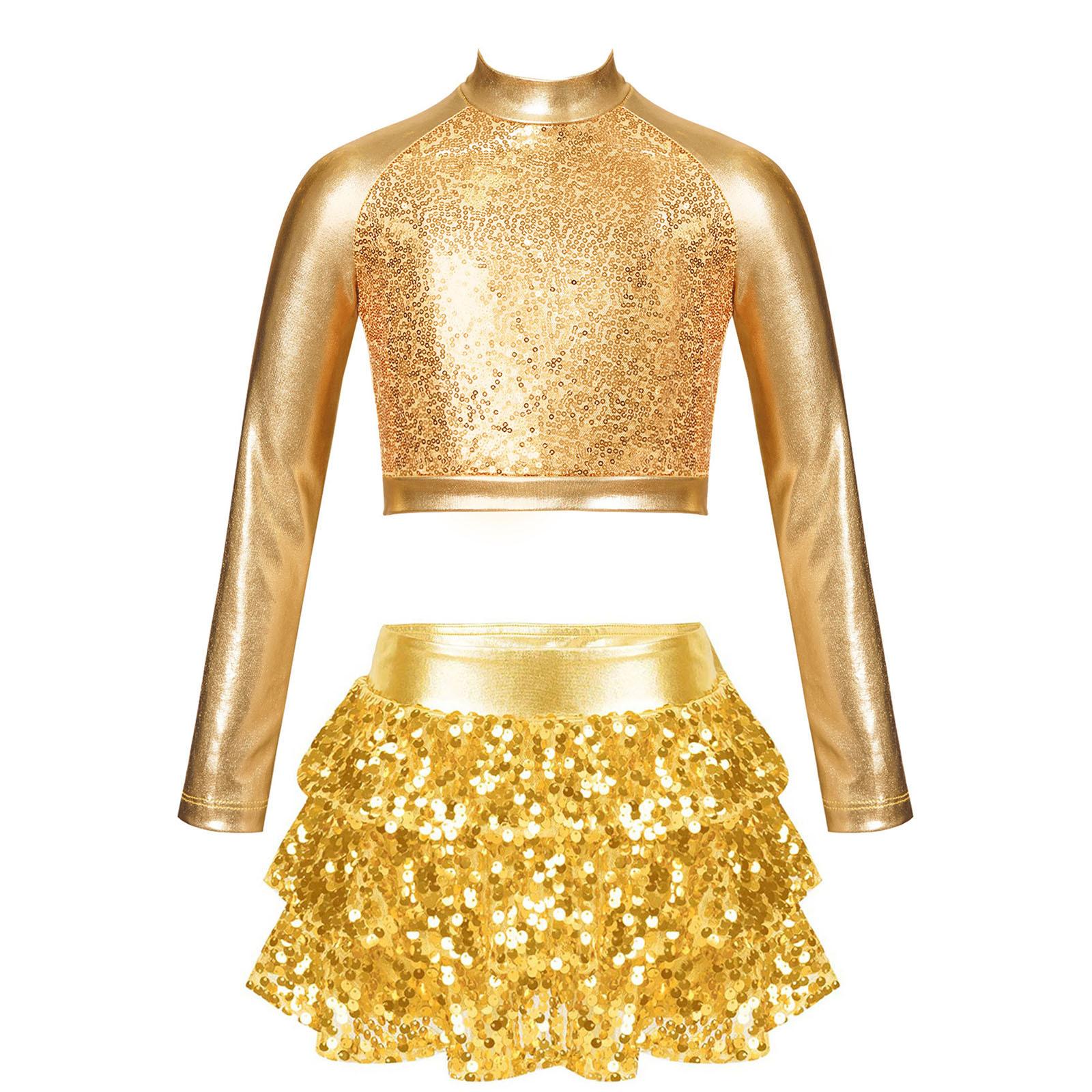 

Металлический танцевальный кроп-топ для девочек с воротником-стойкой и длинным рукавом, кюлоты с многоярусной юбкой-рюшем, сценический наряд 5-6 Years золотой