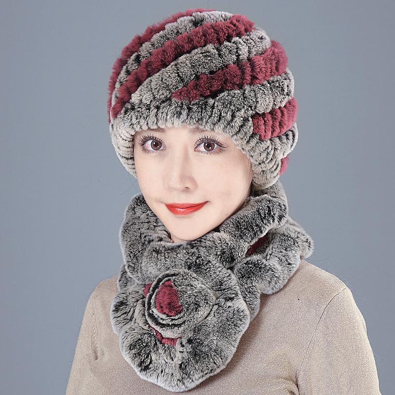 Middle-aged Rex rabbit hair hat female autumn and winter warm elderly grandmother ear protection fur mother wool scarf