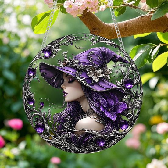 Halloween Witch Black Cat Hanging Sign 2D Flat Acrylic Broom Witch Round Sign Indoor Outdoor Porch Door Hanger Wall Hanging Decoration