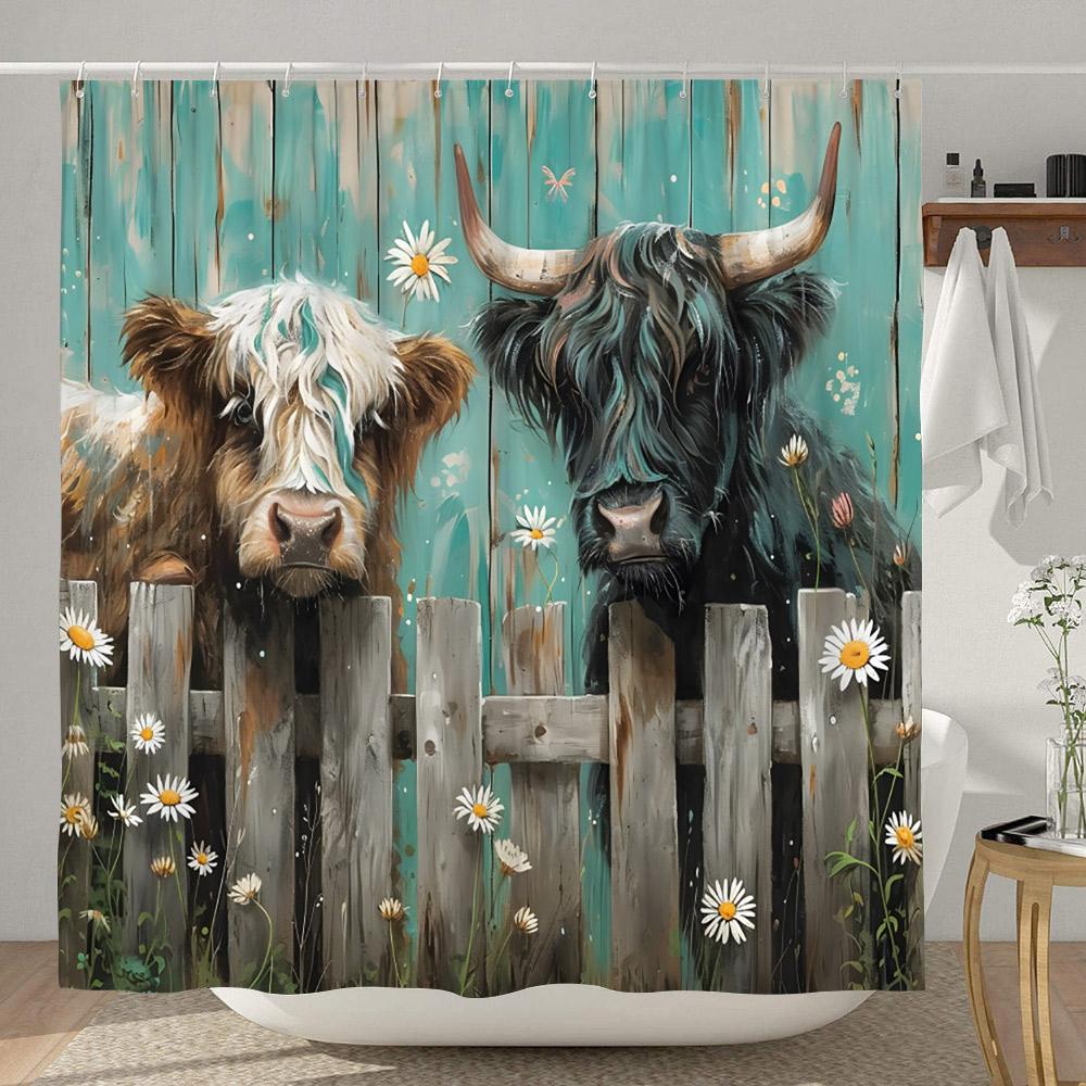 Morsomt dusjforheng med høylandsfe Rustikk landlig ku Tegneserie Dyre Dusjforheng Polyesterstoff Hjem Baderomsdekor