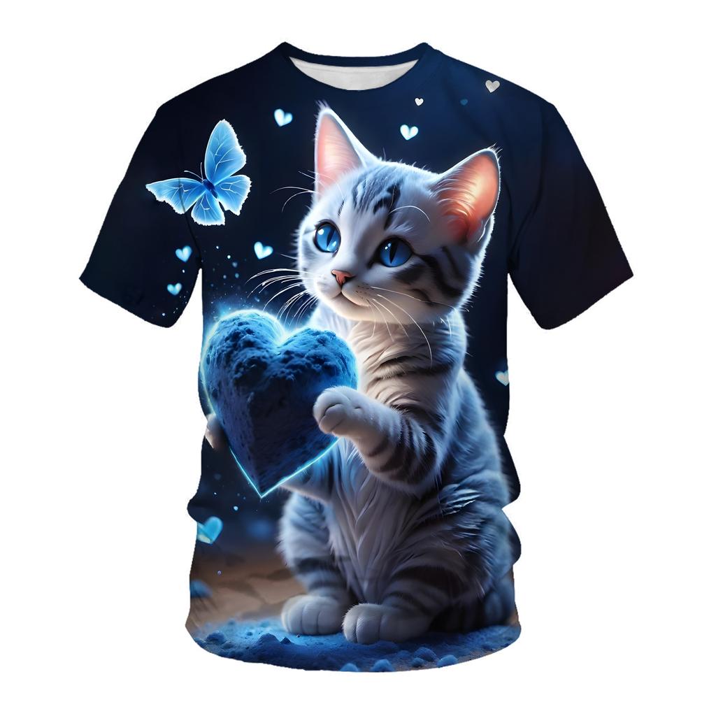 Comfortable Soft Cute Cat Summer Short Sleeved T-shirt 3D Printed Round Neck Casual Sports Men's Women's T-shirt