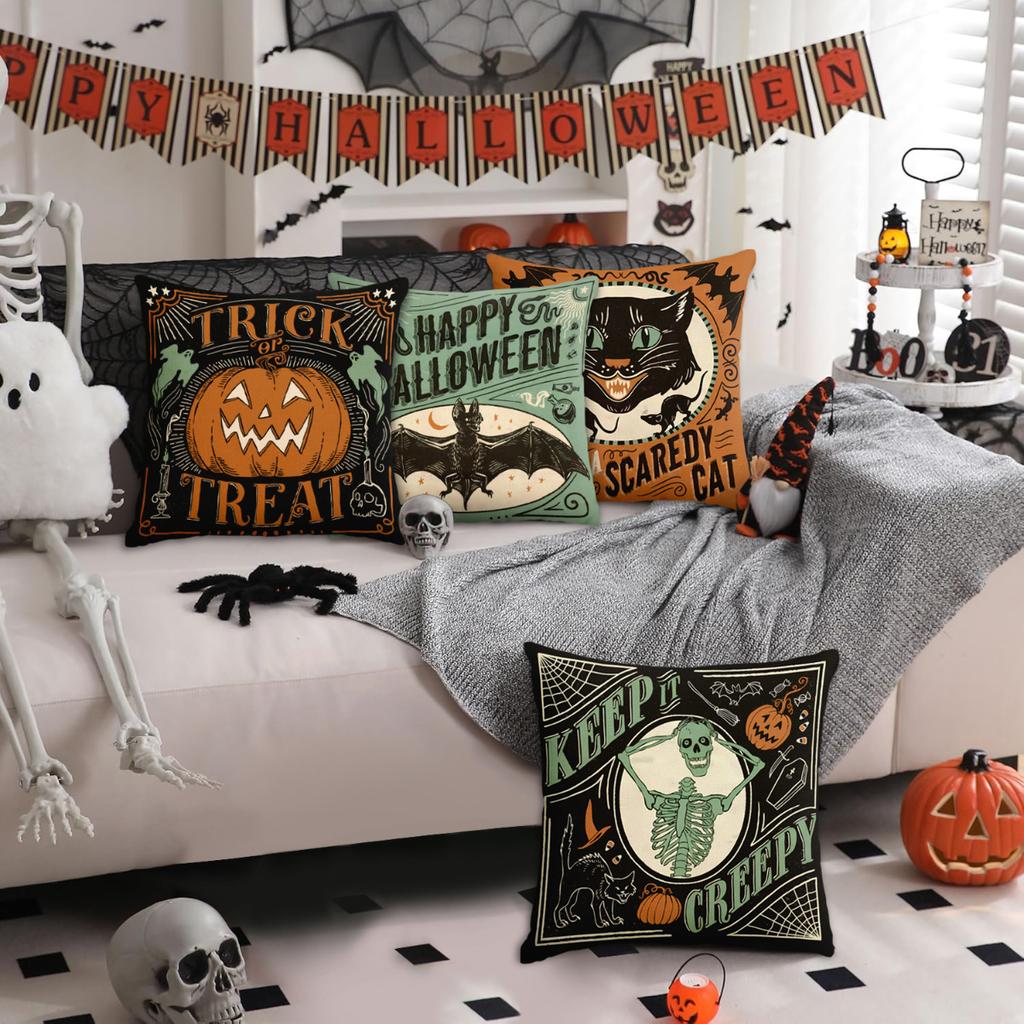 1Pc/4Pcs Retro Halloween Decoration Cushion Cover, Scary Cat, Pumpkin Head, Skull Trick Or Treat Sofa Decoration Cushion Cover