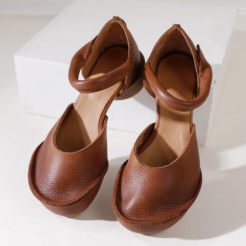Fashion GKTINOO Genuine Leather High Heel Shoes For Women Round Toe Luxury Designers Hook-Loop Thick Heel Black Leisure Ladies Sandals