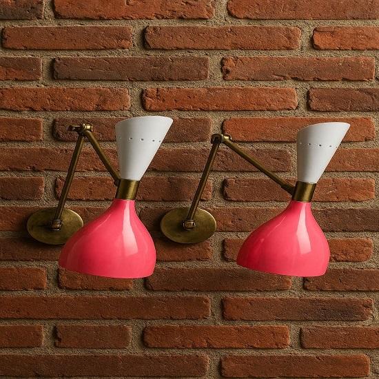 Mid Century Diabolo Wall Sconce Set of 2 Brass Pink Italian Light