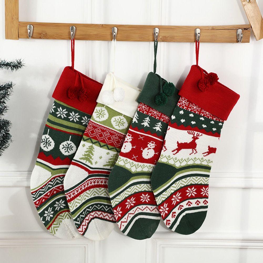 

Socks Christmas Tree Decor Santa Claus Sock with Pompoms Gift Bag Knitted Christmas Stocking Christmas Tree
