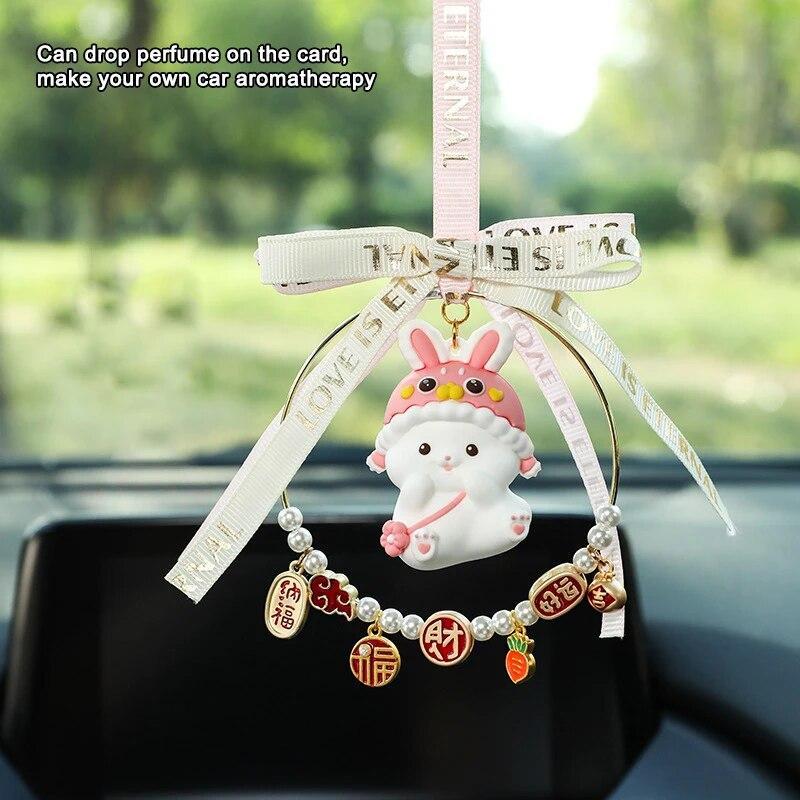 Cute Lucky Rabbit Car Pendant Amulet Blessing Rearview Mirror Hanging Alloy Key Bag Car Ornament Decor Couple Gift Xmas New Year