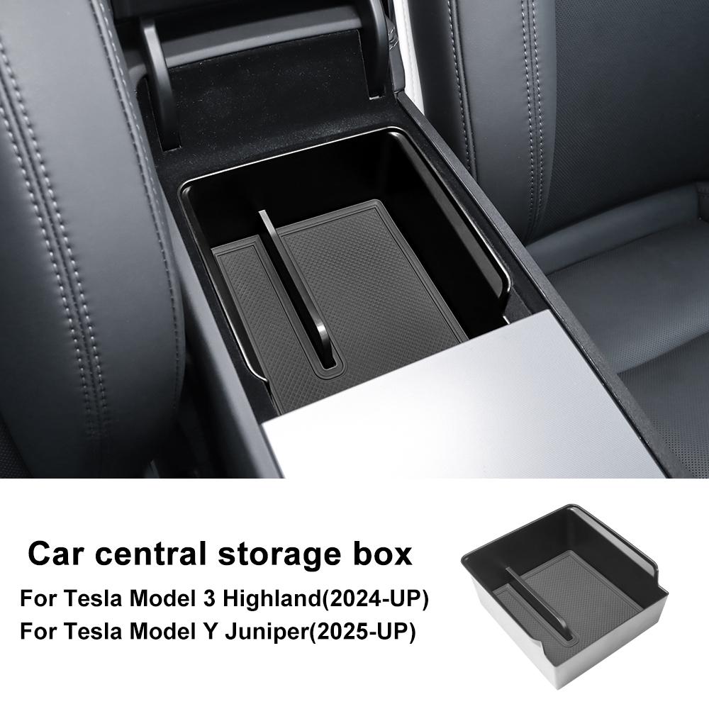 Car Armrest Storage Box For Tesla Model Y Juniper 2025 Model 3 Highland 2025-UP ABS Center Console Organizer Tray Accessories