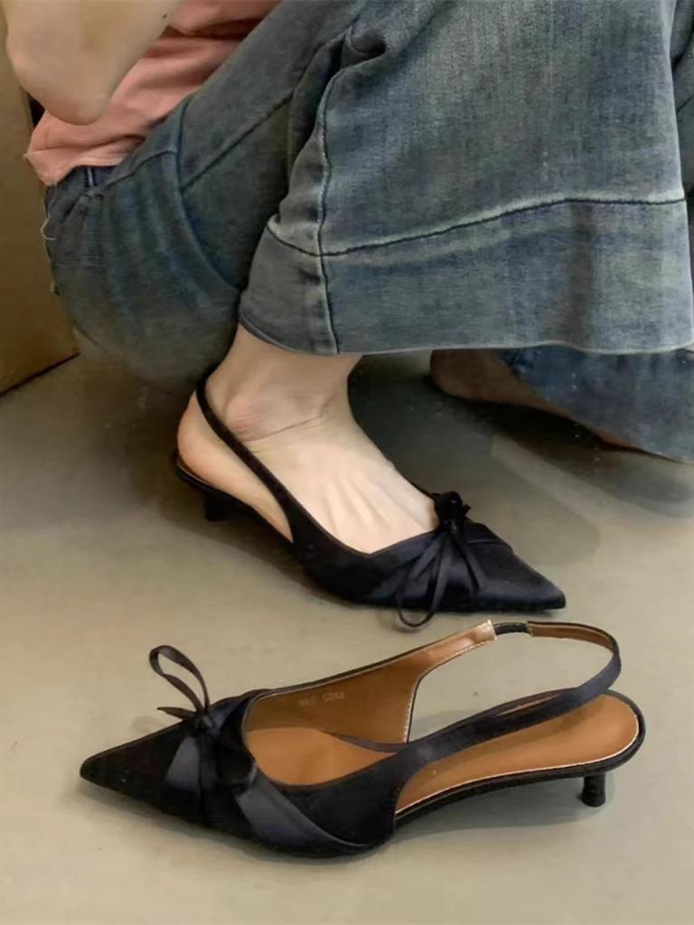 Stiletto High Heels Bag Head Sandals 2025 Summer New Temperament Socialite Bow Pointed Low Heel Single Shoes