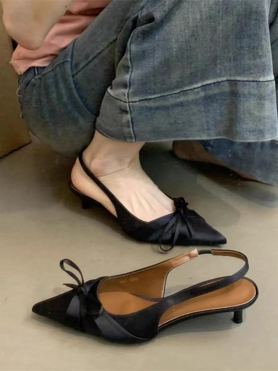 

туфли-лодочки на шпильке сумка голова сандалии 2025 лето новый темперамент светская львица бант острый носок низкий каблук одинарная обувь 42 чёрный