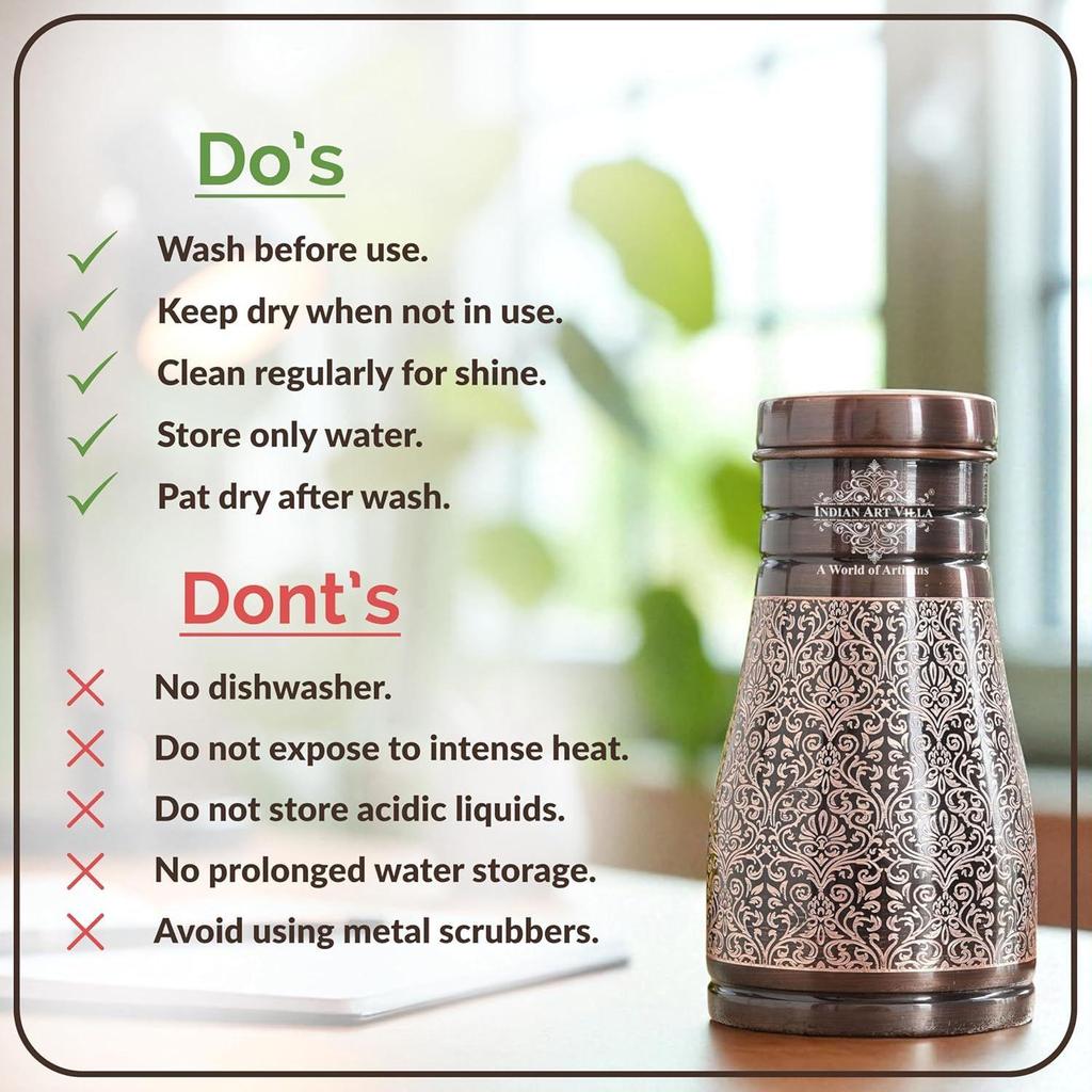 Pure Copper Bedroom Water Bottle with Inbuilt Glass, Dark Embossed Design, Bedside Carafe, Ayurvedic Health Benefits, 950 ML (Pack of 1)
