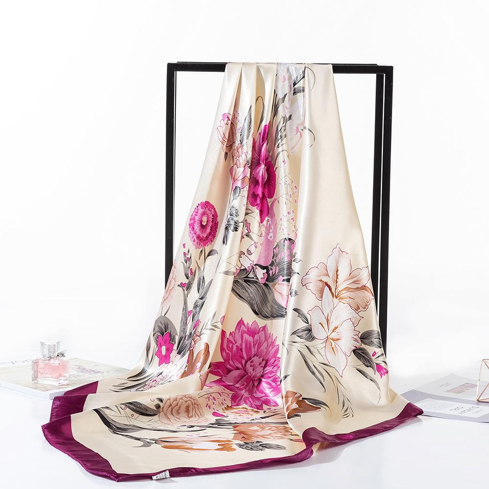 90*90Cm Square Flower Silk Scarves Women Hijab Shawls Print Kerchief Femme Head Scarf Foulard Bandana Beach Pareo