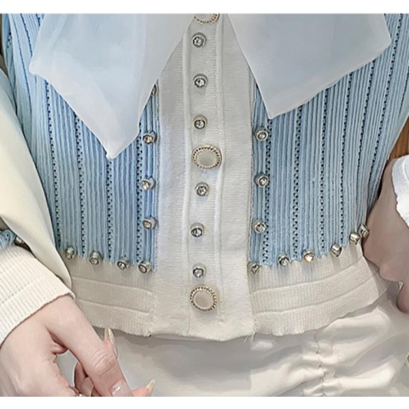 Spring Autumn Women Full Sleeve V-neck Luxury Diamond Beading Bowtie Knitted Sweater Single Breasted Cardigans Tops