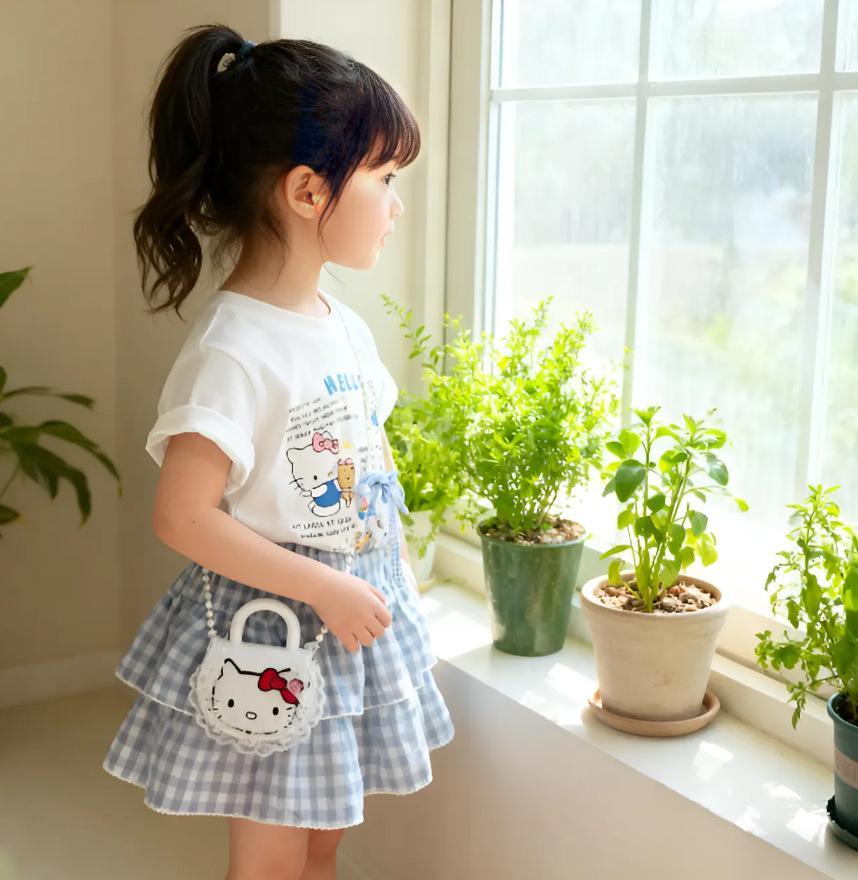 2025 Korean Summer Cute Cat Print Short Sleeve Plaid Skirt Set