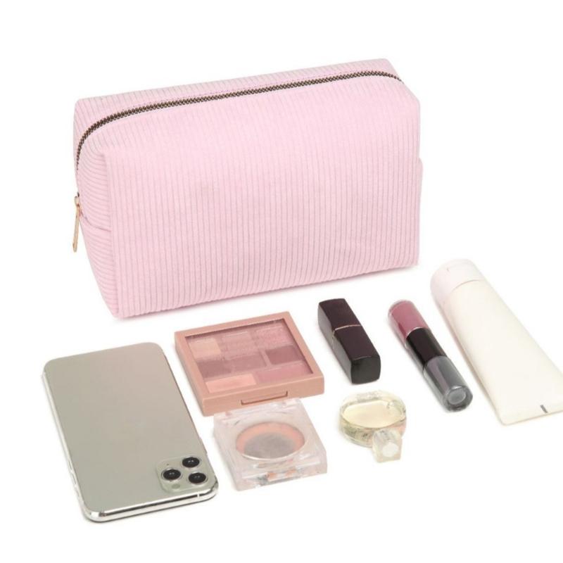 Portable Makeup Brush Tool Storage Bag with Zippered Corduroy Solid Color Cosmetic Bag Large Capacity Zippered Purse