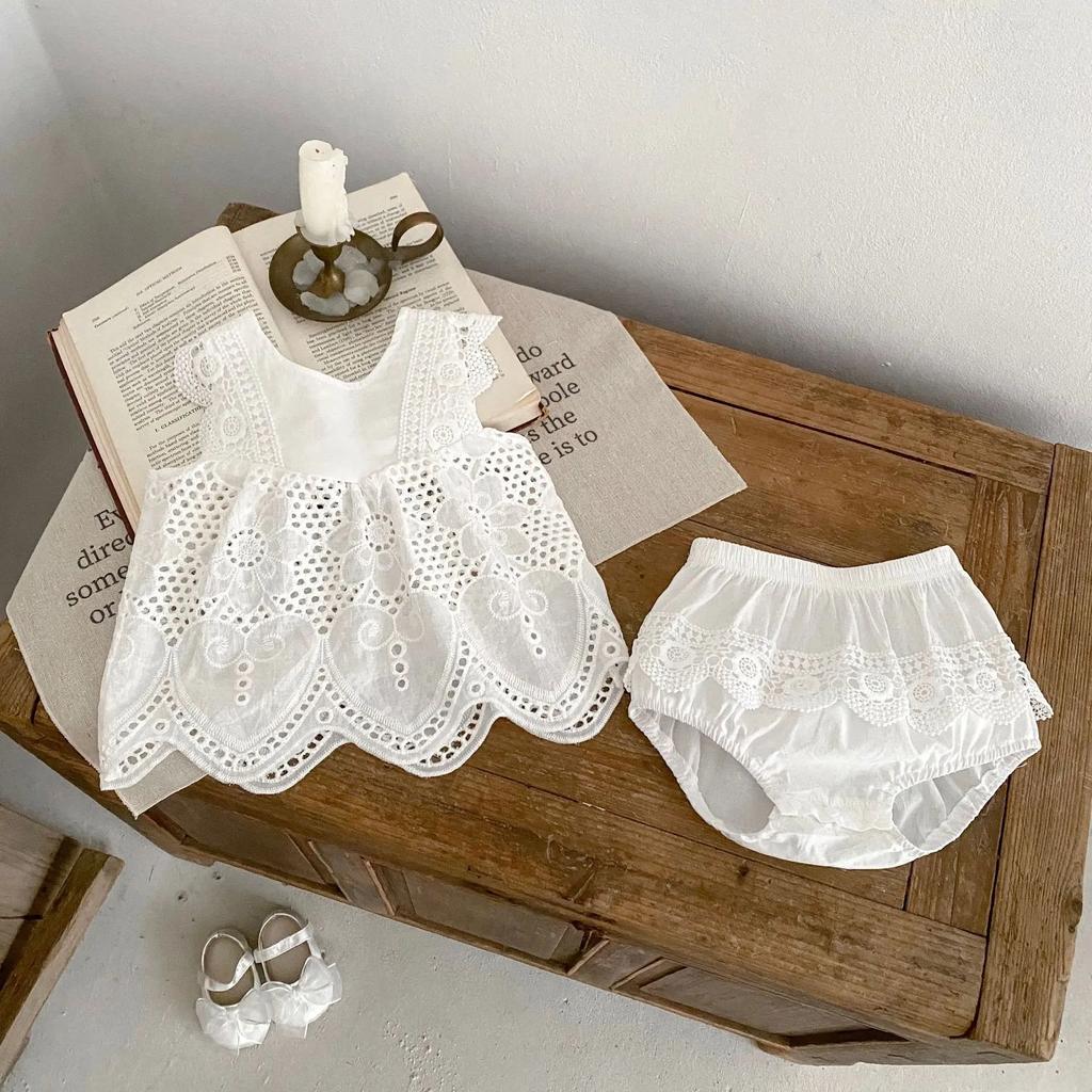 Sommer Neue Modische Vielseitige Set Kleidung für Säuglinge und Mädchen, Rundhals Ärmellos Spitze Gespleißtes Ärmelloses Top+Klar Col