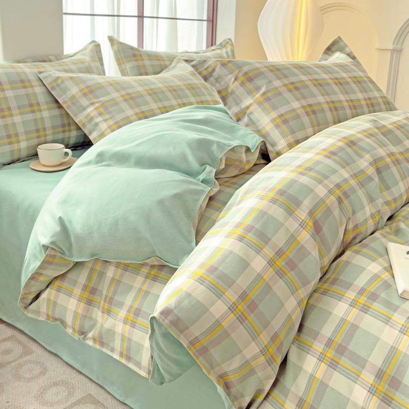 Soft Color Block Checkered Bedding Set Comfy 100% Washed Cotton Blue Plaid Duvet Cover Set King Queen Size Comforter Cover Sheet