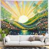 Bohemian Sun Landscape Tapestry, Colorful Sunrise With Mountains And Flowers Wall Art For Aesthetic And Whimsical Room Decor