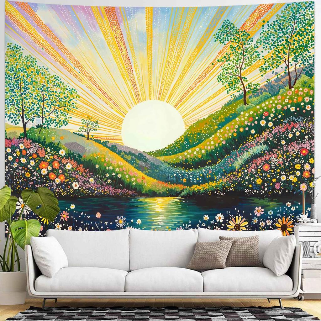 Bohemian Sun Landscape Tapestry, Colorful Sunrise With Mountains And Flowers Wall Art For Aesthetic And Whimsical Room Decor