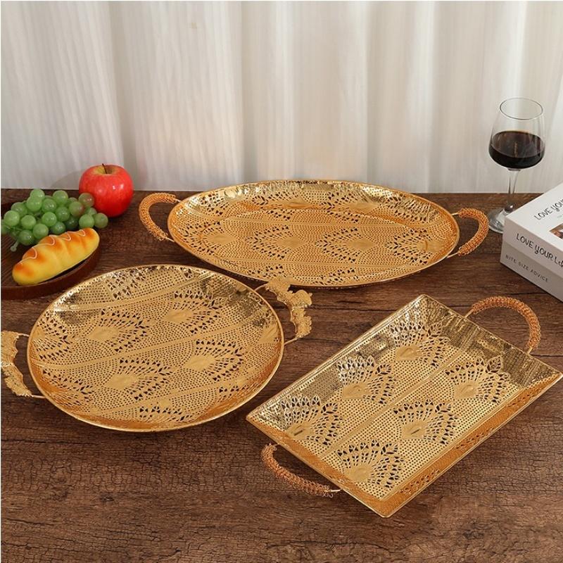 Fruit Plate, Metal Round Rectangular Relief Disc, European Metal Hollow-Out Snack Platter, Home Desktop Decoration Gift, 1pcs