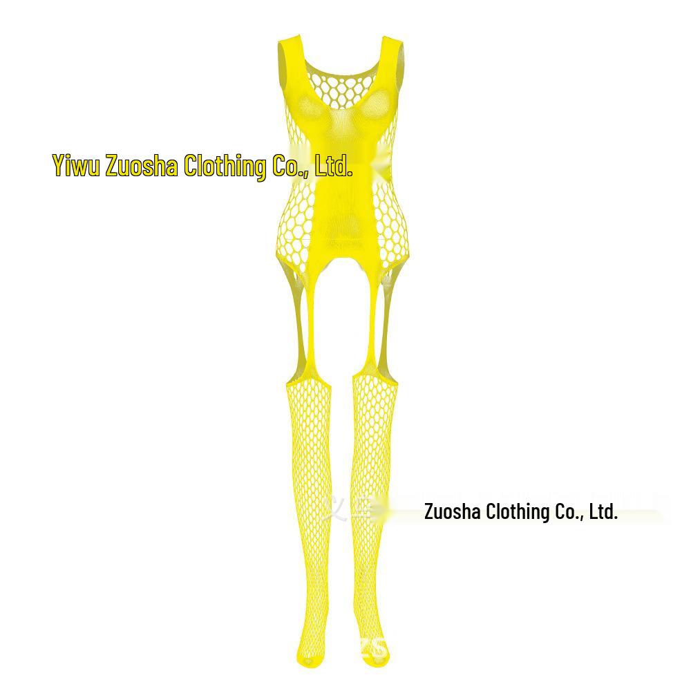 Black Fishnet Halter Bodysuit with Adjustable Suspender, See-Through Cutout Design, and Open Crotch.