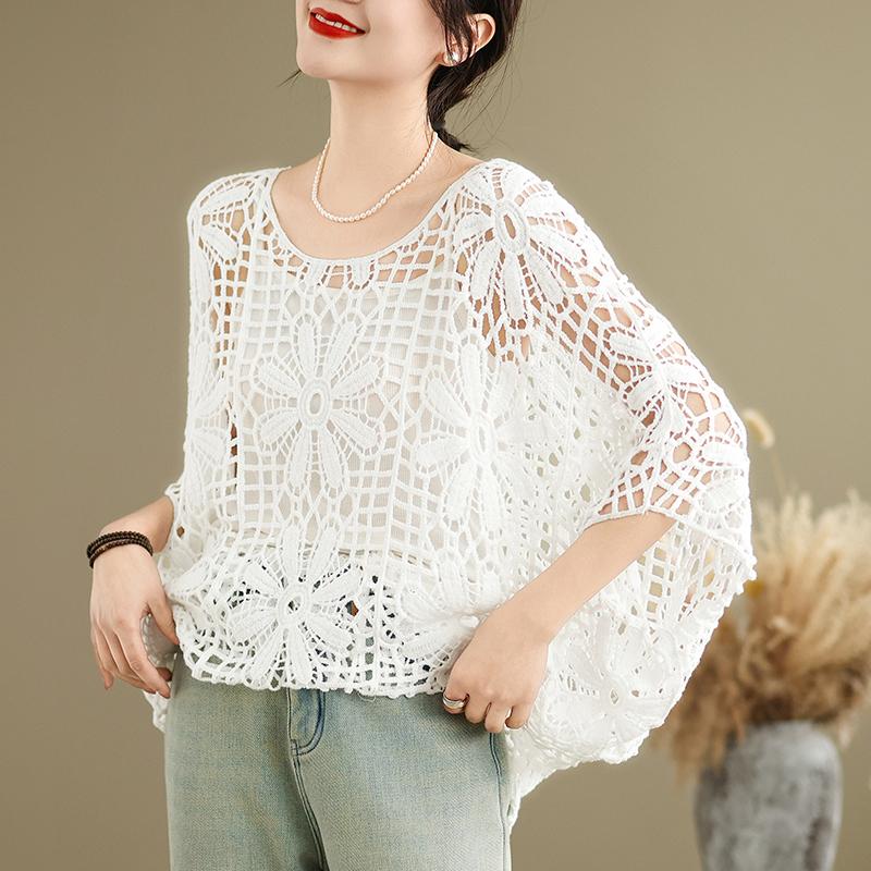 Dimanaf 2025 Ny Sommer Dame Flaggermus T-skjorte Ermeløs Basic Blonder Mote Topper Blonder T-skjorter Casual Løse T-skjorter