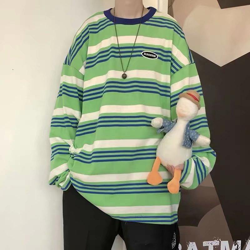 spring autumn oversized tshirt for men harajuku green stripes T Shirt men's Pullovers long sleeve y2k Tops tee hip hop streetwear